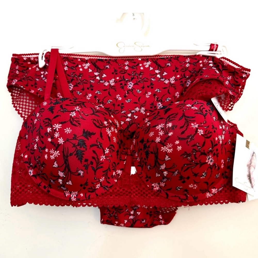 Jessica Simpson Red Floral Lingerie Set 36C Large Bra & Panties NEW WITH TAGS